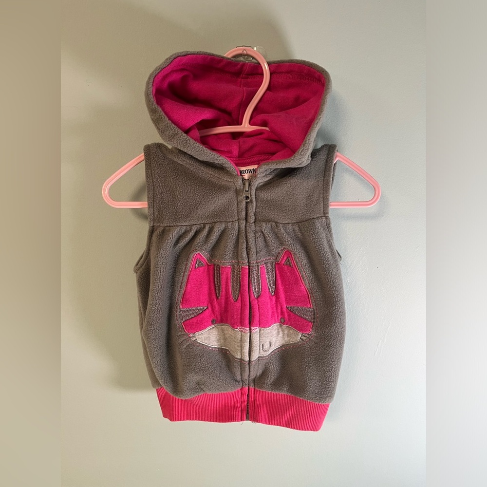 Buster Brown Grey & Pink Hooded Cat Zipper Vest, Baby Girl 18 months, baby vest